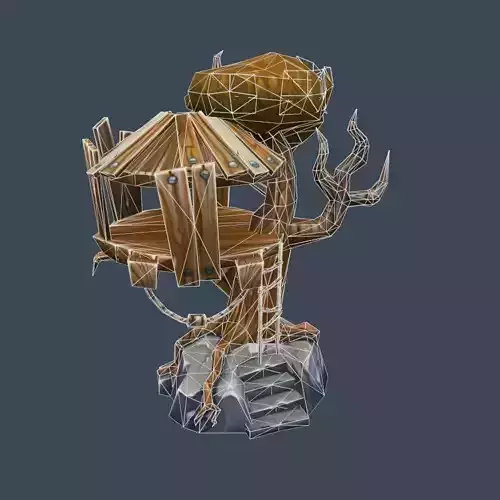 Cartoon Old Wooden House on the Tree