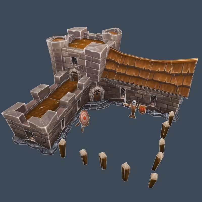 Cartoon Old Stone Fortress Wall Barack Building Low-poly 3D model_5