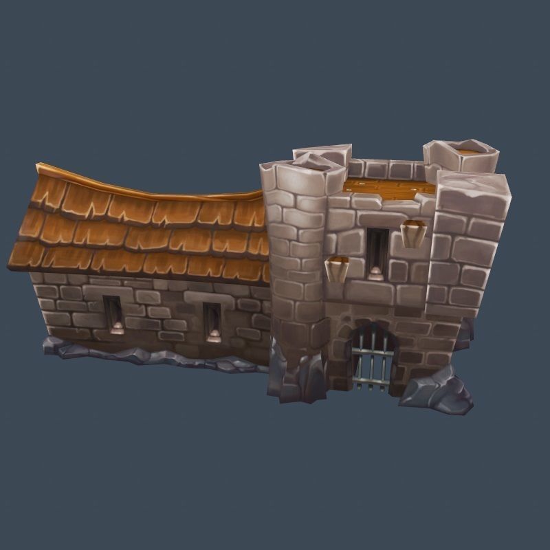 Cartoon Old Stone Fortress Wall Barack Building Low-poly 3D model_2