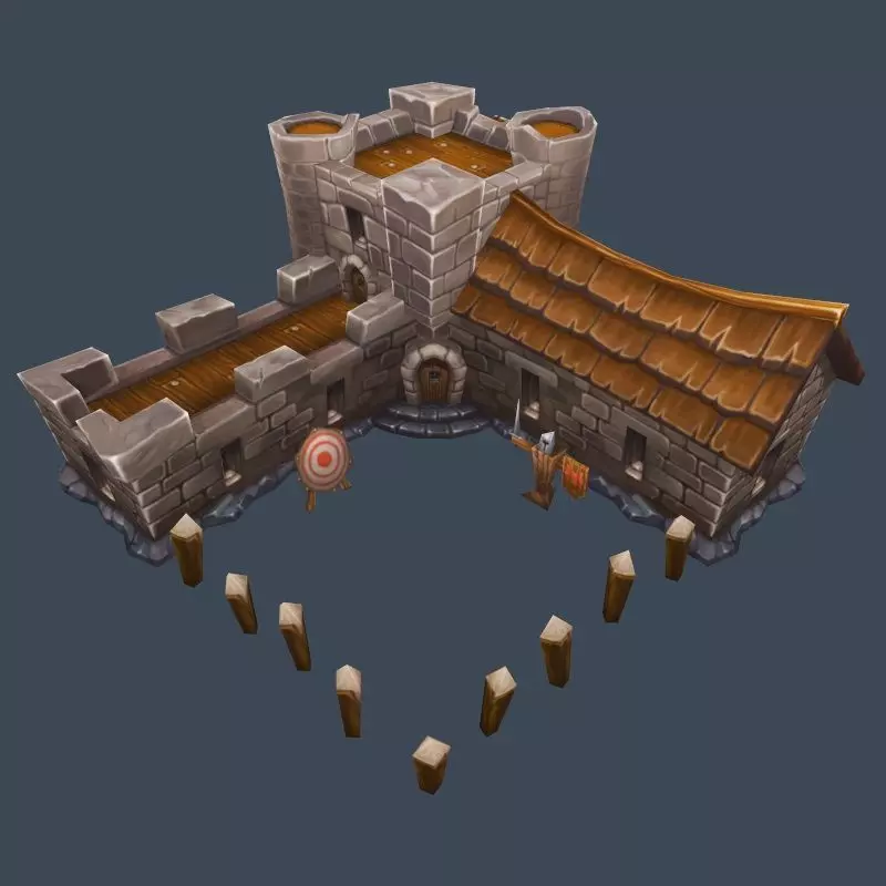 Cartoon Old Stone Fortress Wall Barack Building Low-poly 3D model_0