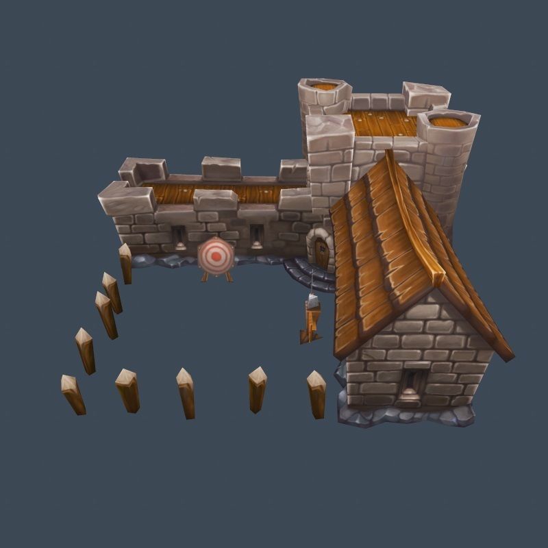 Cartoon Old Stone Fortress Wall Barack Building Low-poly 3D model_1