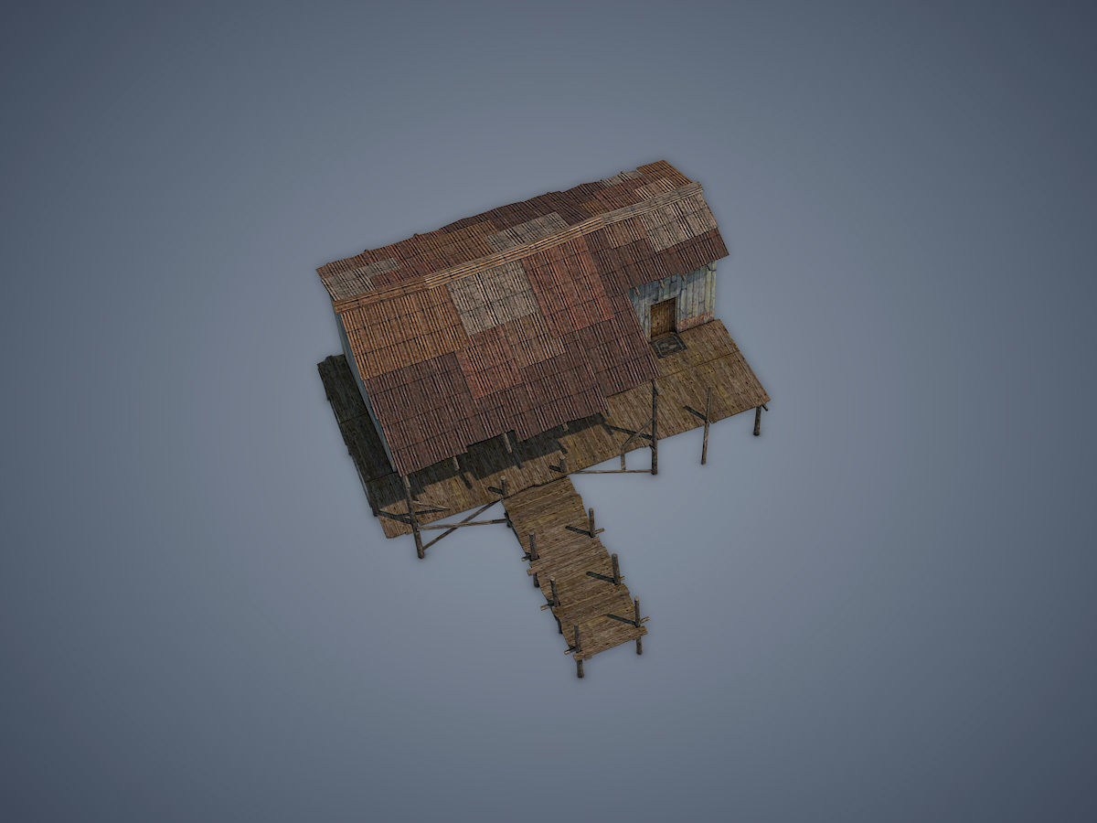 House old wooden with roof Low-poly 3D model_4