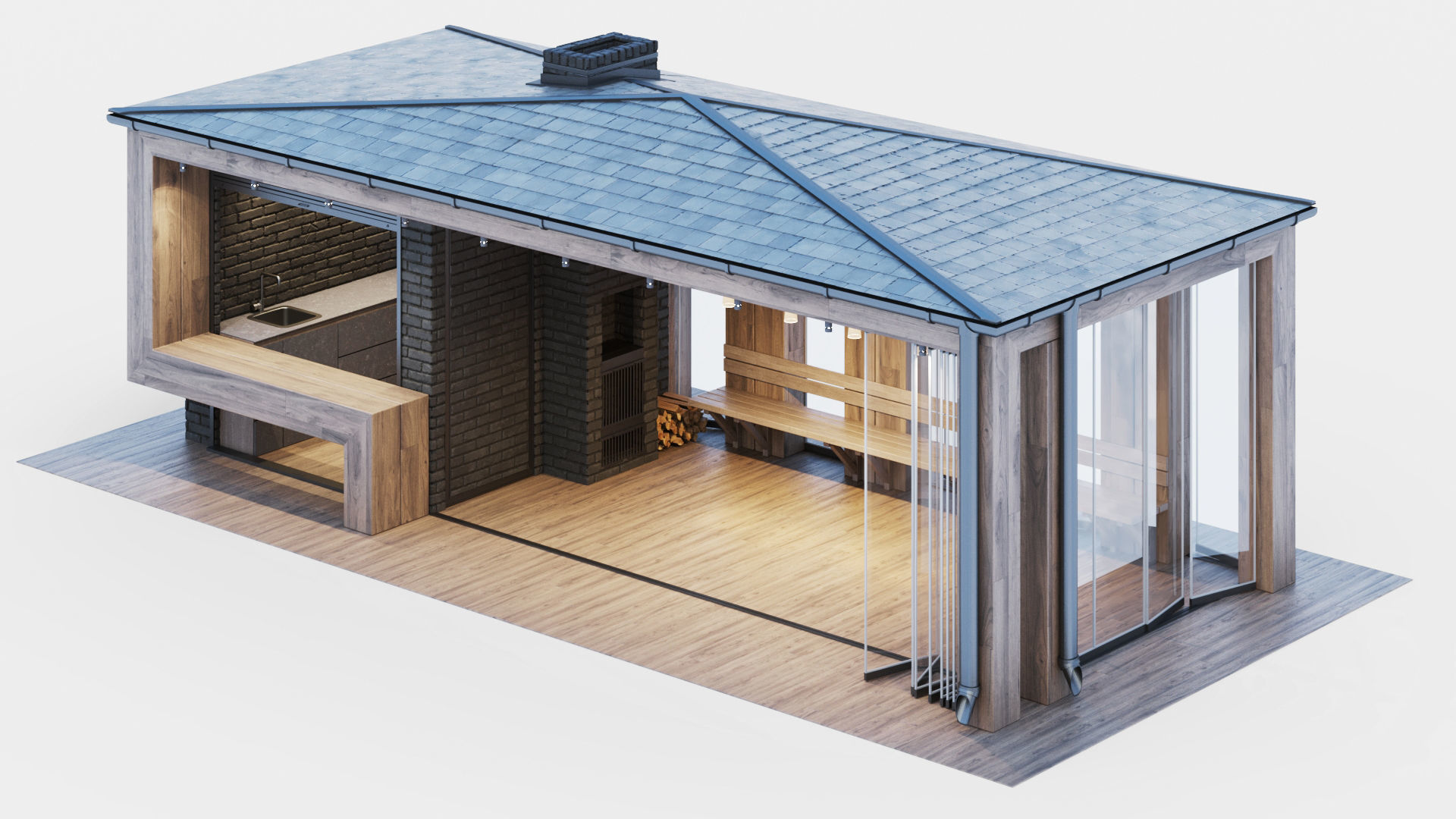 Pavilion with glass sliding partitions 3D model_10