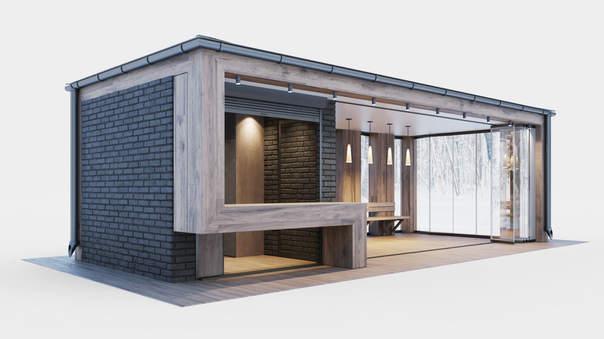 Pavilion with glass sliding partitions 3D model_1