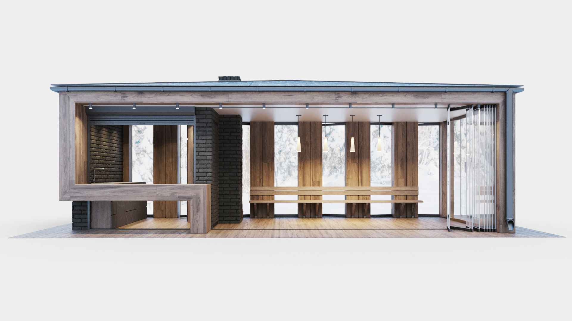 Pavilion with glass sliding partitions 3D model_2