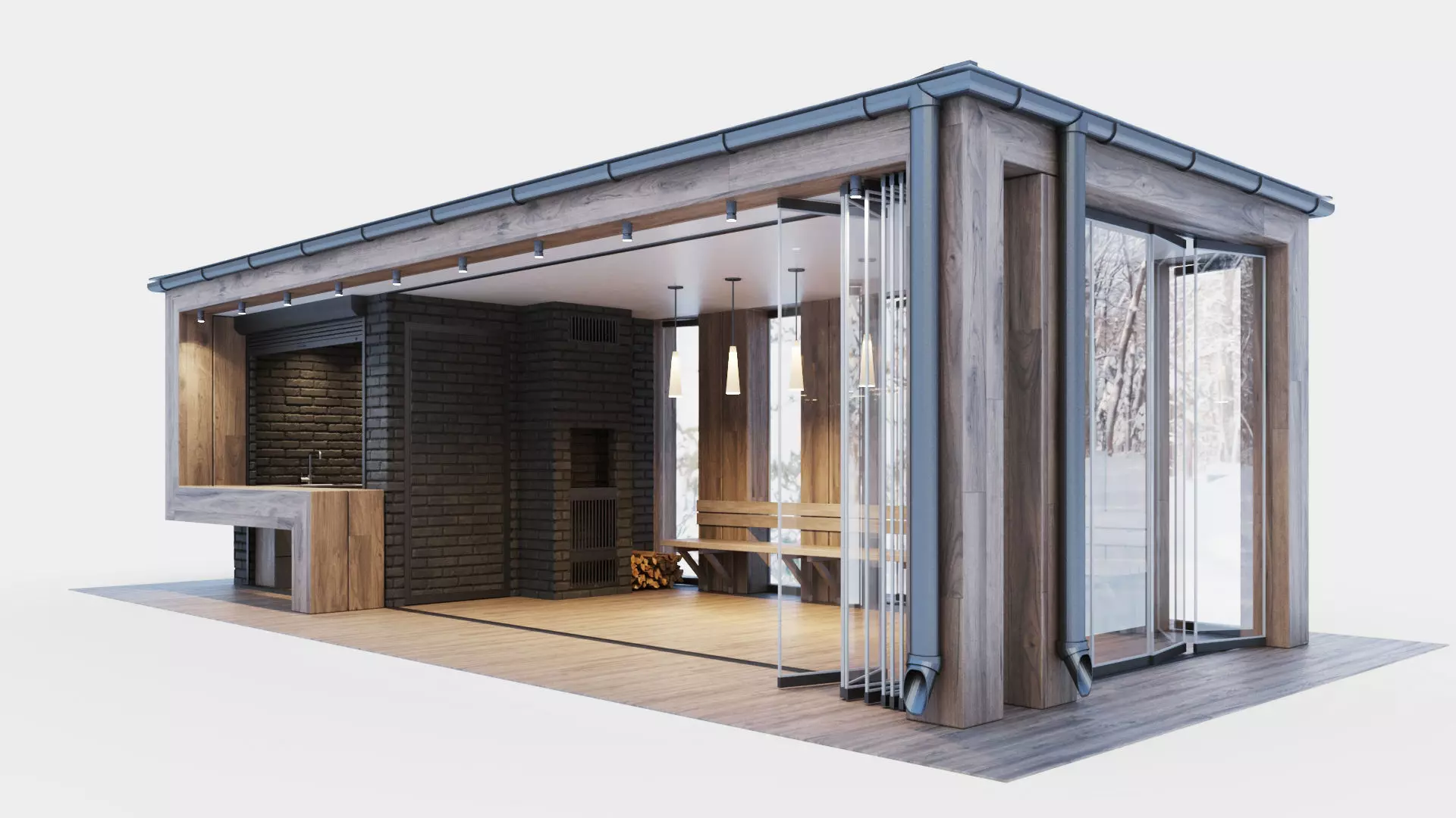 Pavilion with glass sliding partitions 3D model_0