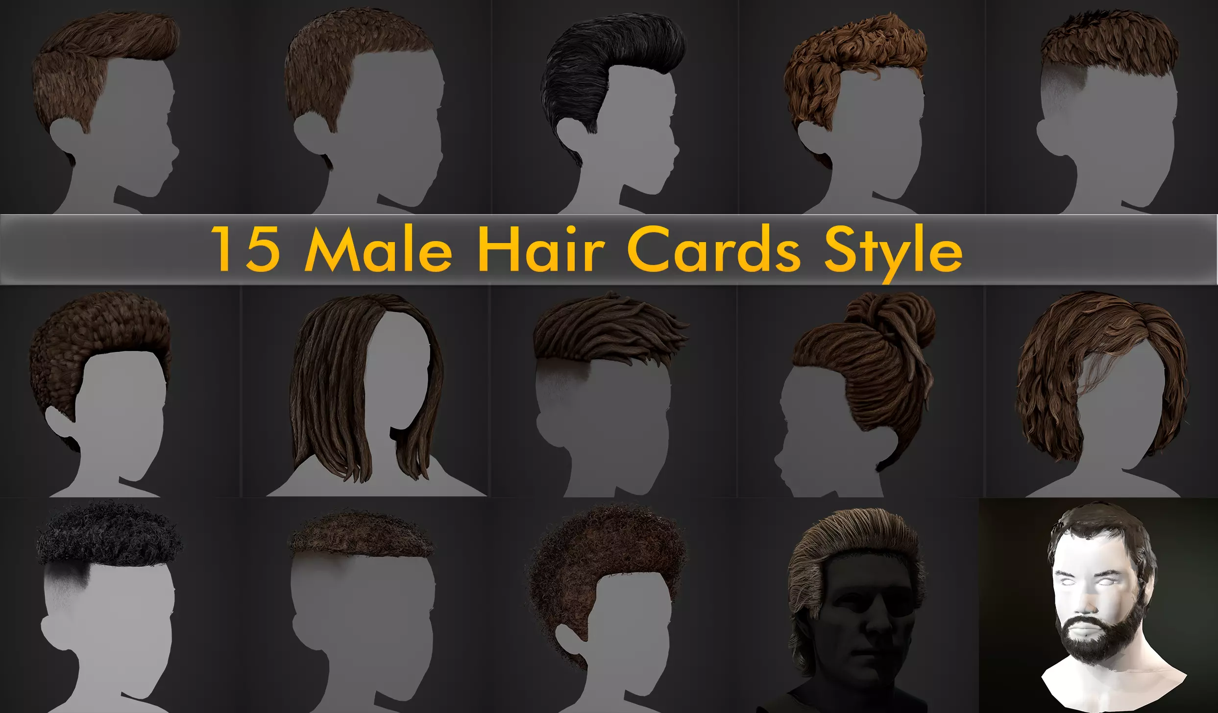 15 Male Hair Cards Style 3D Model Collection_0