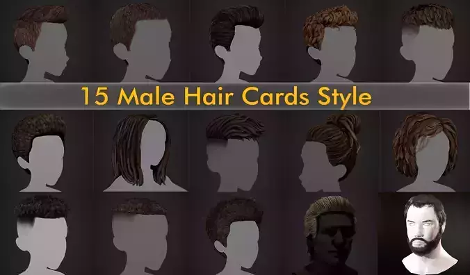 15 Male Hair Cards Style 3D Model Collection