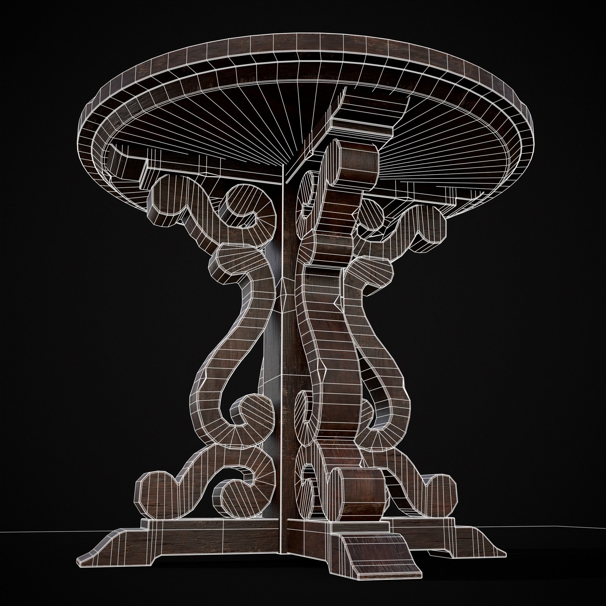 Mahogany Medieval Antique Round Table Low-poly 3D model_22