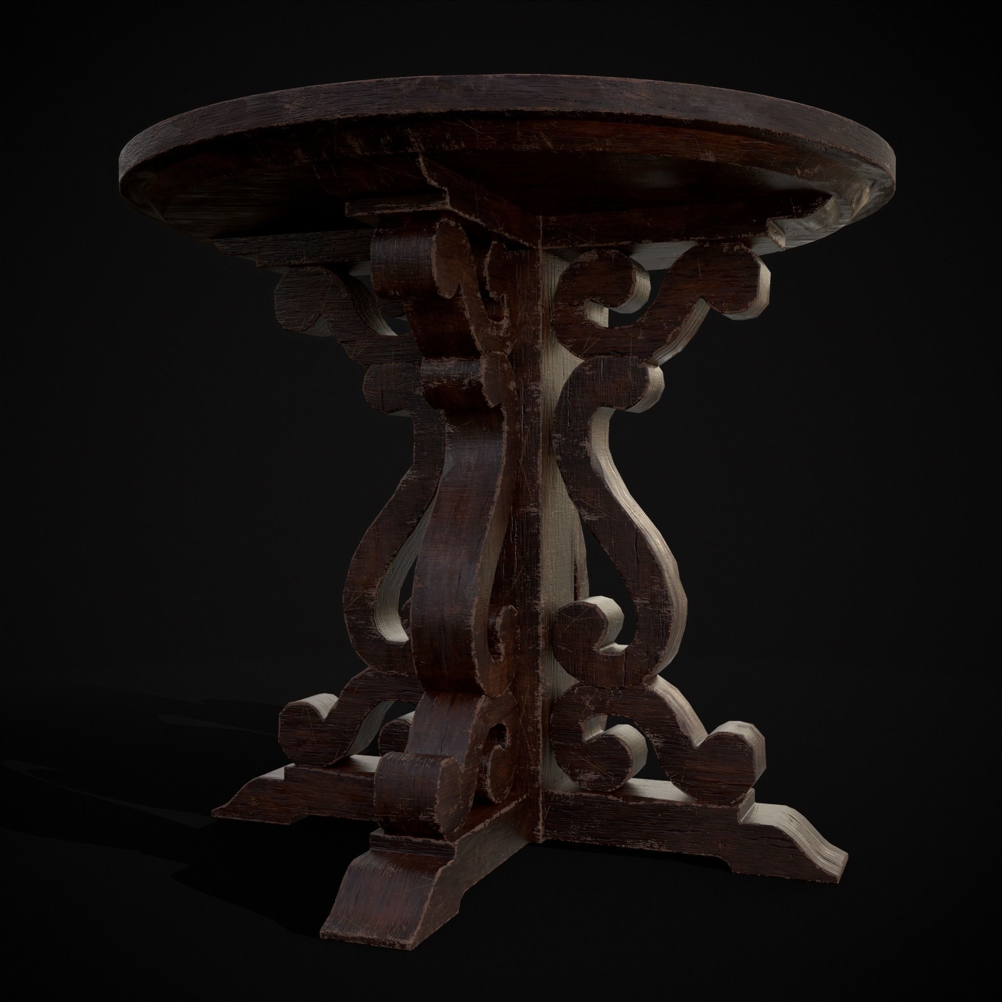 Mahogany Medieval Antique Round Table Low-poly 3D model_17