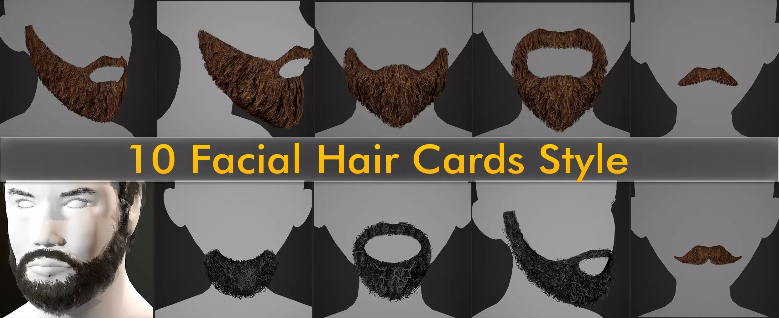 10 Facial Hair Cards Style 3D Model Collection_0