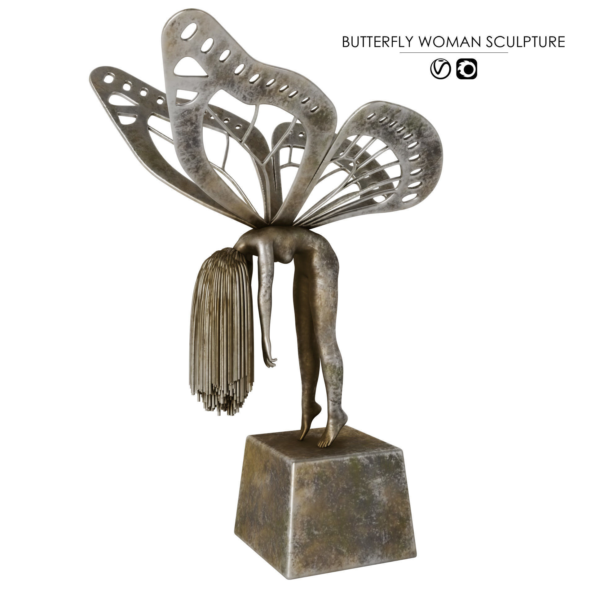  Butterfly Woman Sculpture with 4 PBR Materials 3D model_1