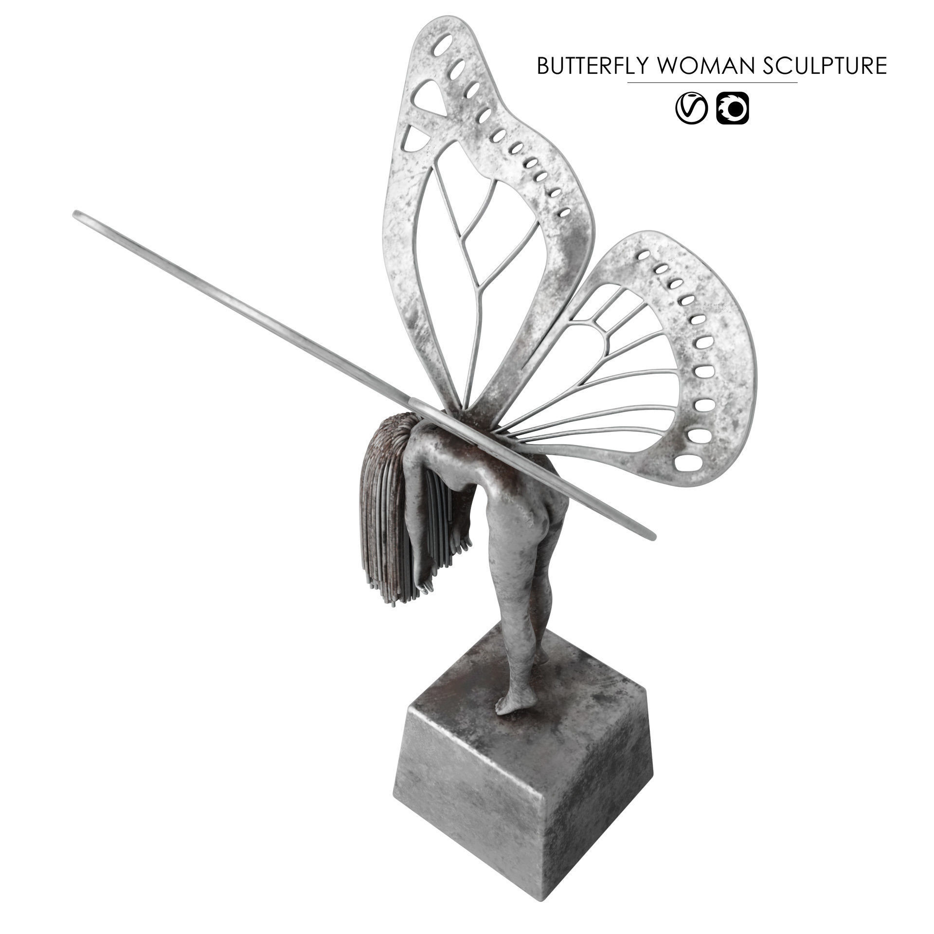  Butterfly Woman Sculpture with 4 PBR Materials 3D model_5