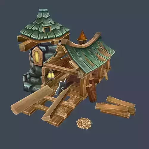 Cartoon Old Wood and Stone Workshop Sawmill 3D Model