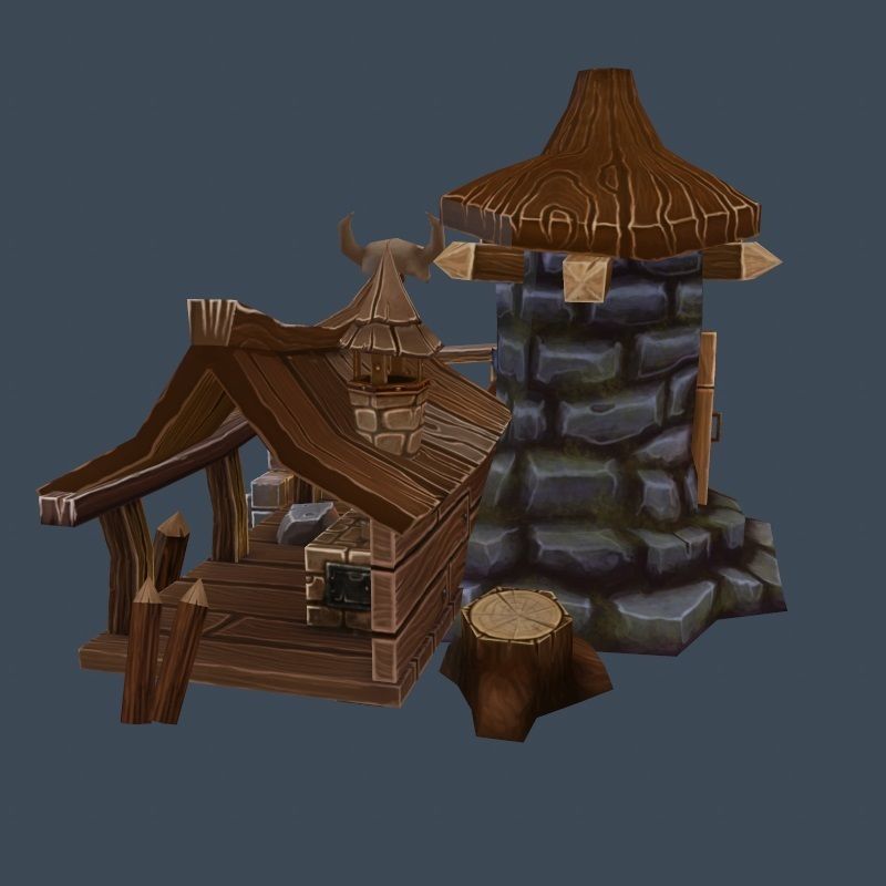 Cartoon Old Wood and Stone Workshop Sawmill Low-poly 3D model_2