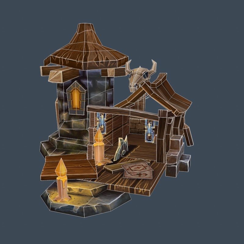 Cartoon Old Wood and Stone Workshop Sawmill Low-poly 3D model_6