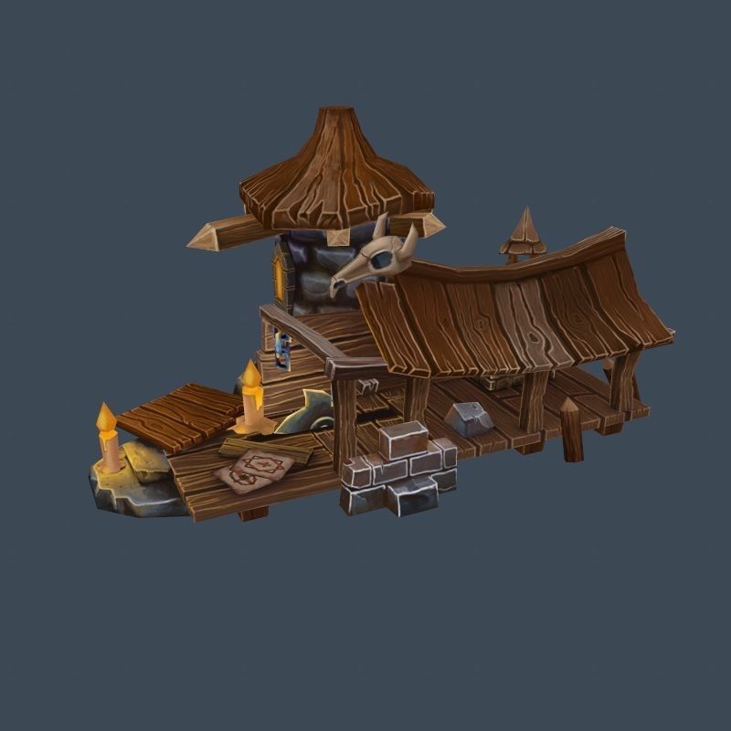Cartoon Old Wood and Stone Workshop Sawmill Low-poly 3D model_1