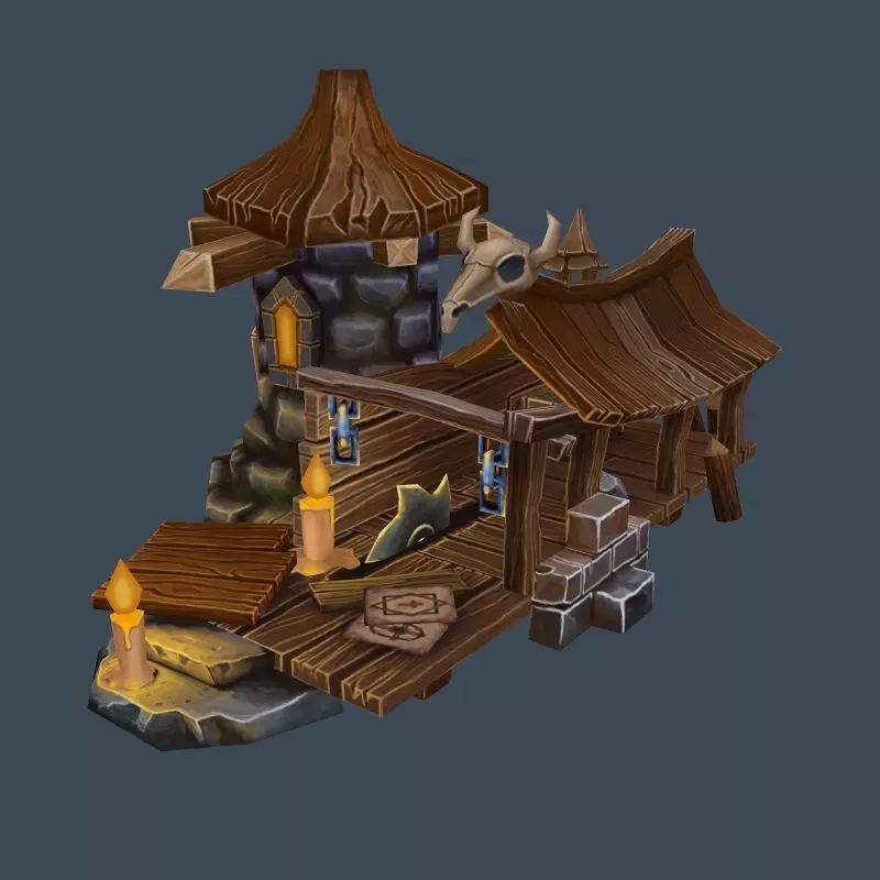 Cartoon Old Wood and Stone Workshop Sawmill Low-poly 3D model_0