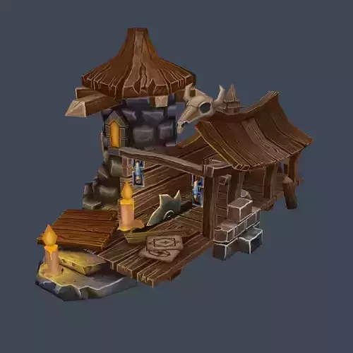 Cartoon Old Wood and Stone Workshop Sawmill