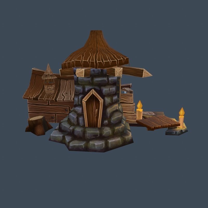Cartoon Old Wood and Stone Workshop Sawmill Low-poly 3D model_3