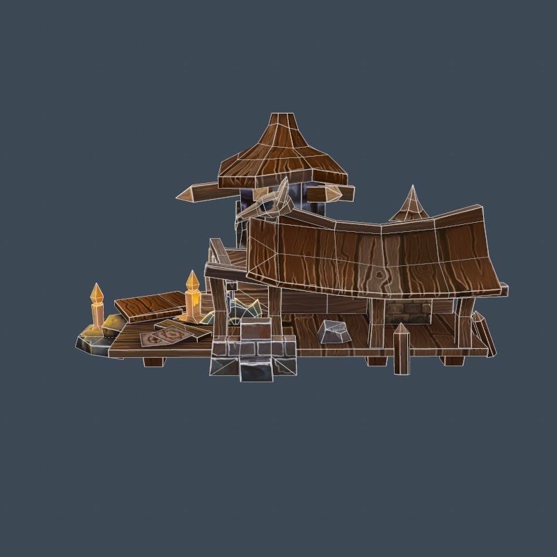 Cartoon Old Wood and Stone Workshop Sawmill Low-poly 3D model_7