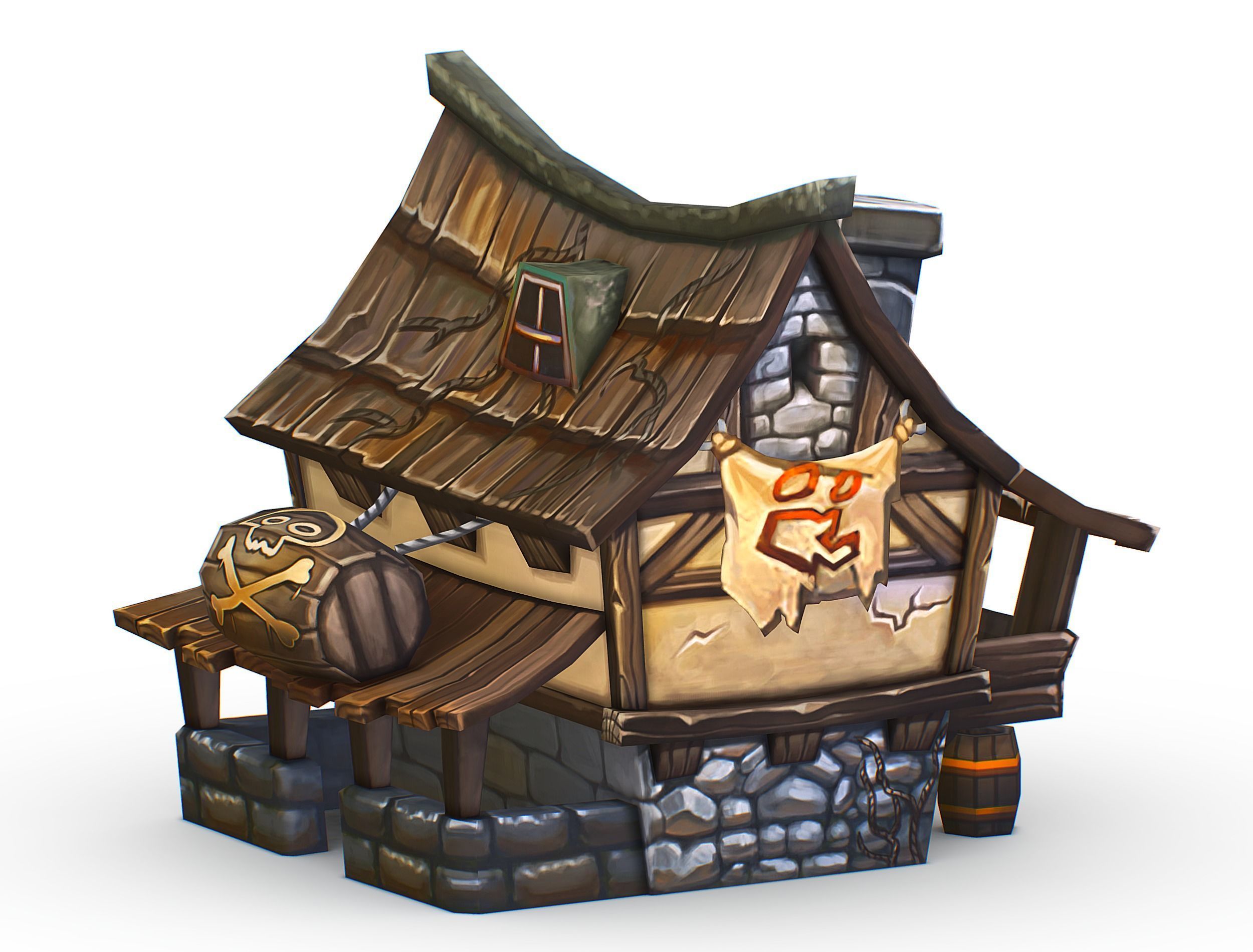 Cartoon Old Bandit Hotel Tovern House Building Low-poly 3D model_9