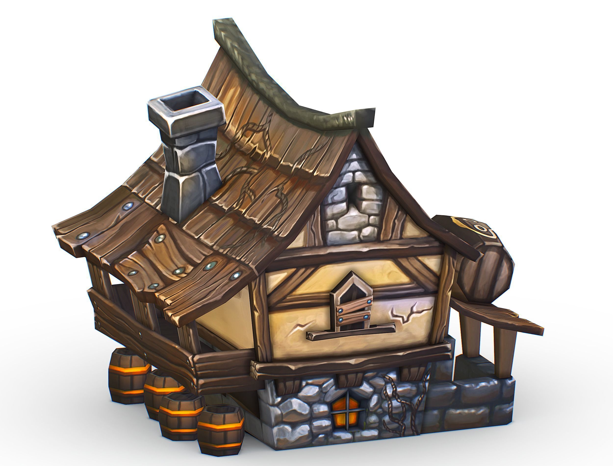 Cartoon Old Bandit Hotel Tovern House Building Low-poly 3D model_3