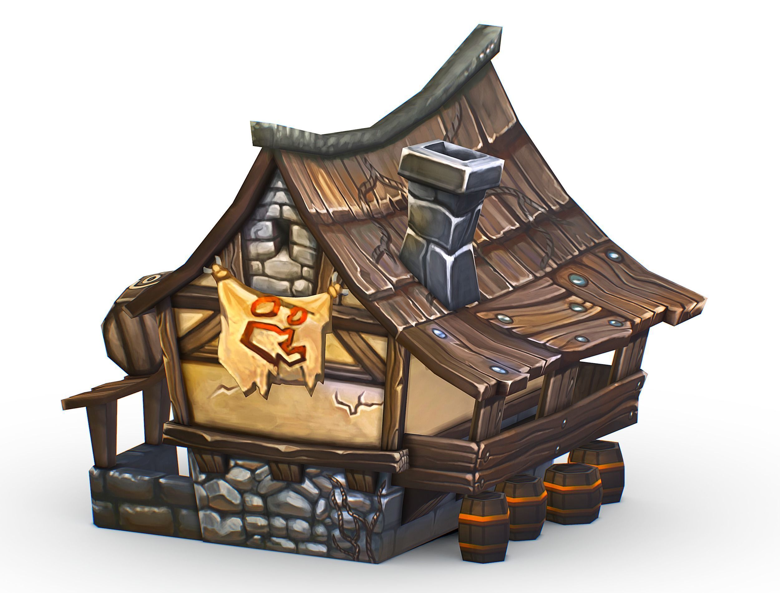 Cartoon Old Bandit Hotel Tovern House Building Low-poly 3D model_7