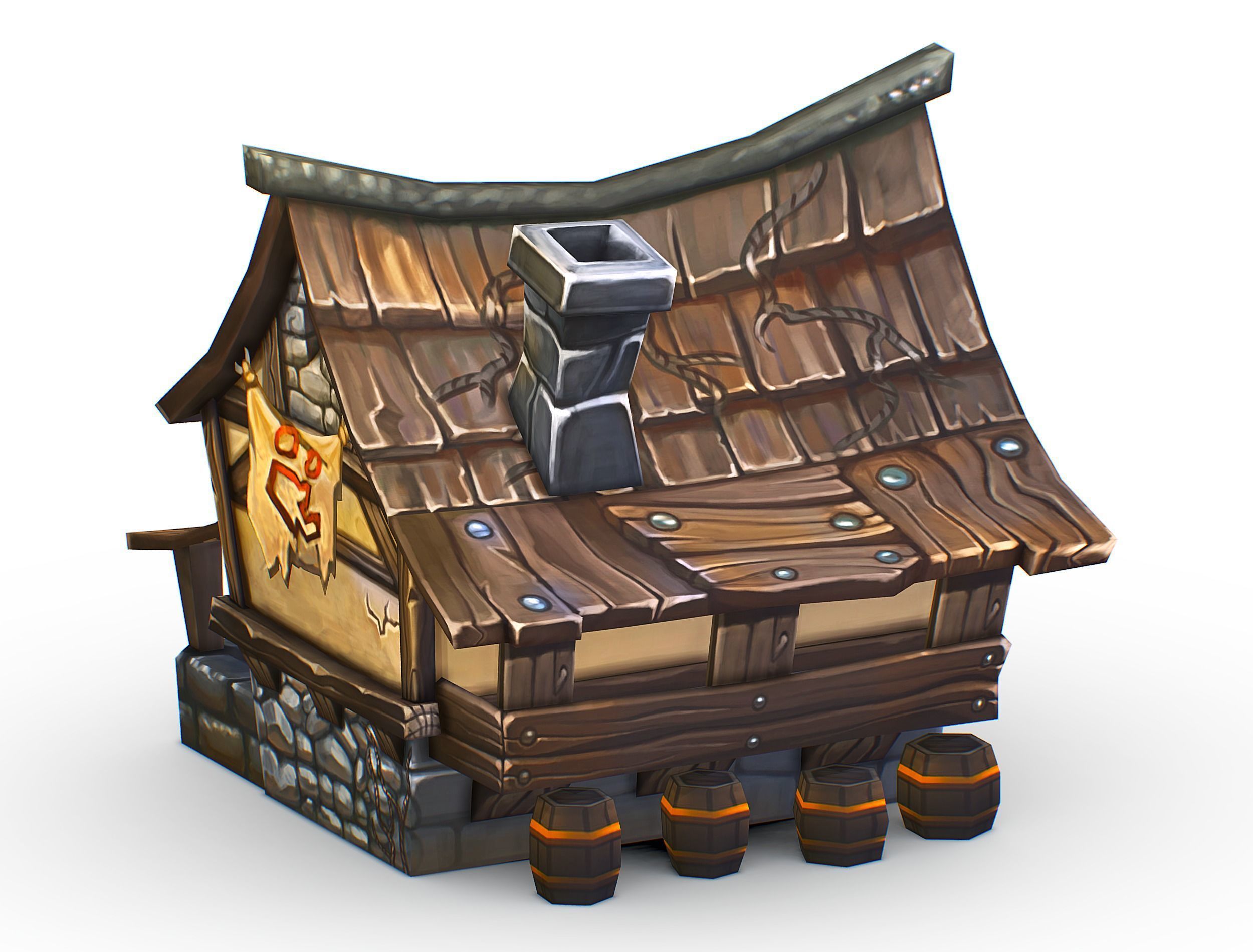 Cartoon Old Bandit Hotel Tovern House Building Low-poly 3D model_6