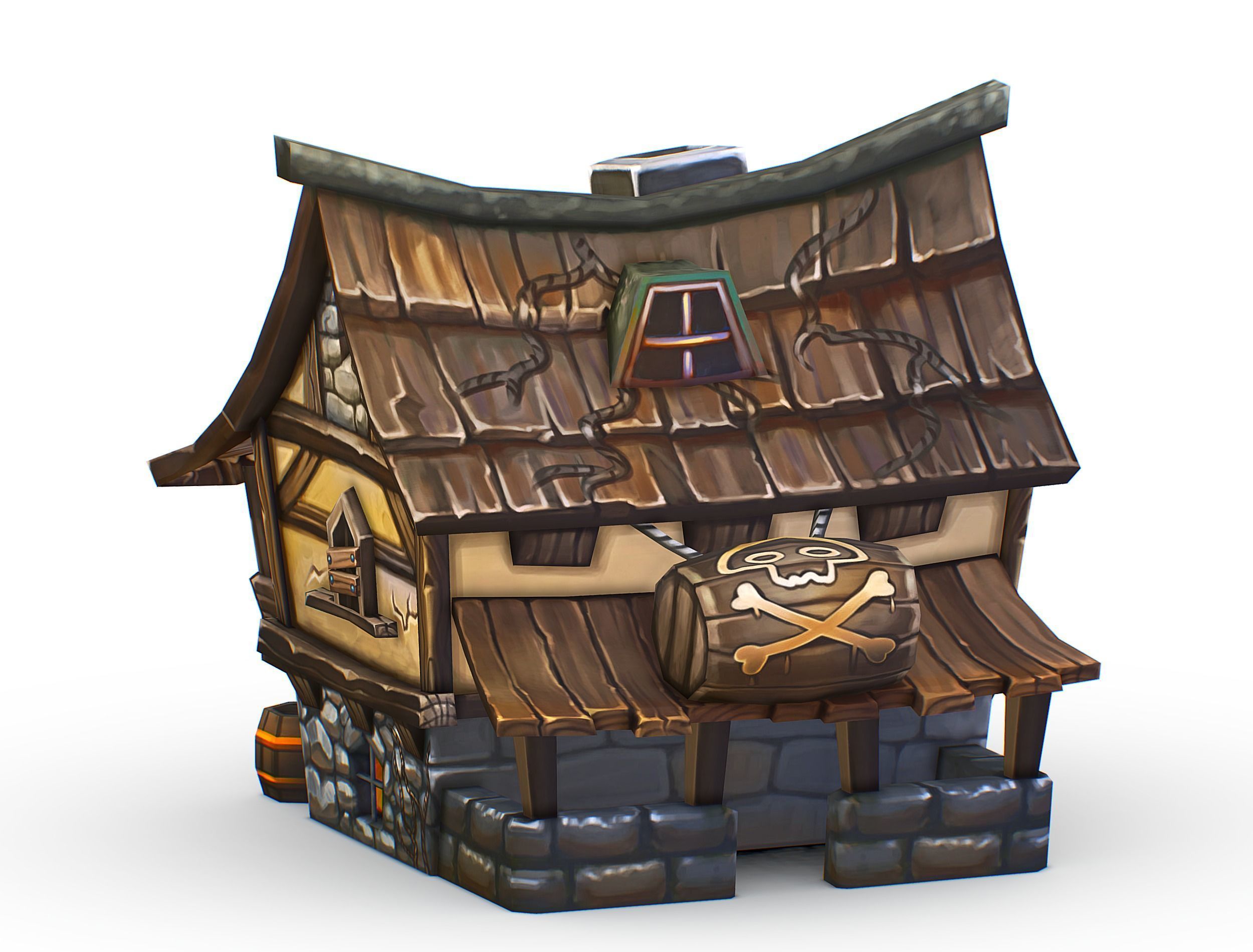 Cartoon Old Bandit Hotel Tovern House Building Low-poly 3D model_11