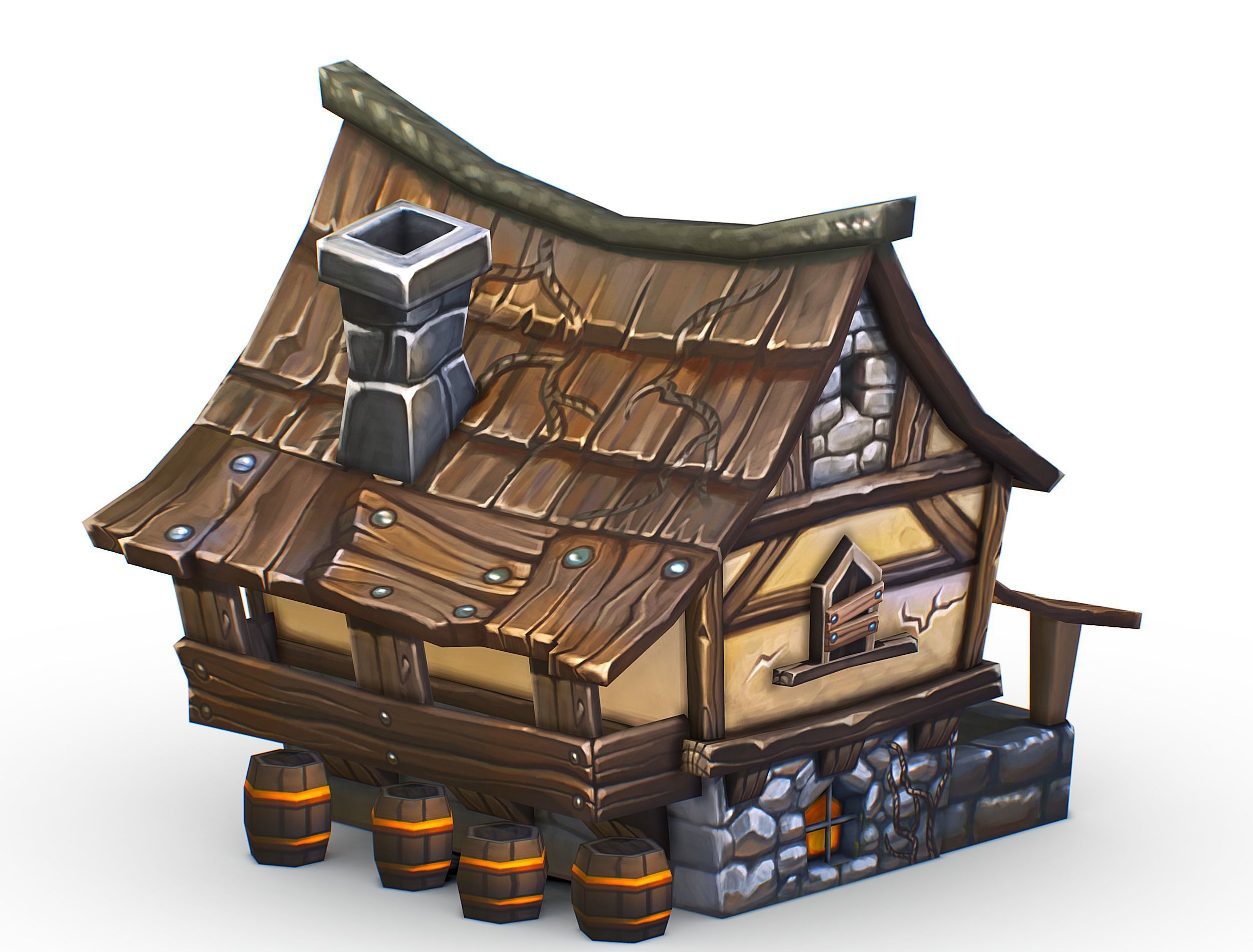 Cartoon Old Bandit Hotel Tovern House Building Low-poly 3D model_4