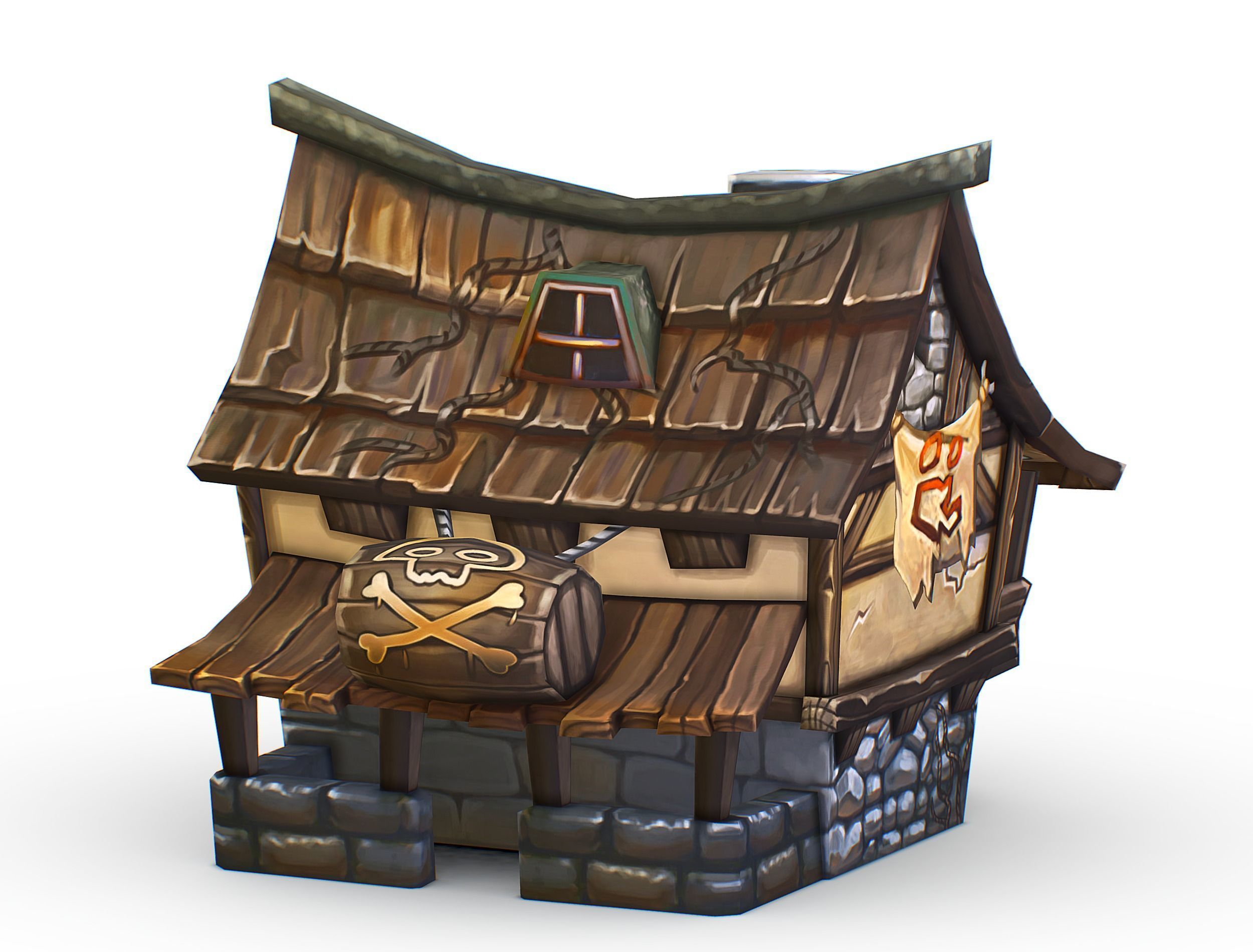 Cartoon Old Bandit Hotel Tovern House Building Low-poly 3D model_10