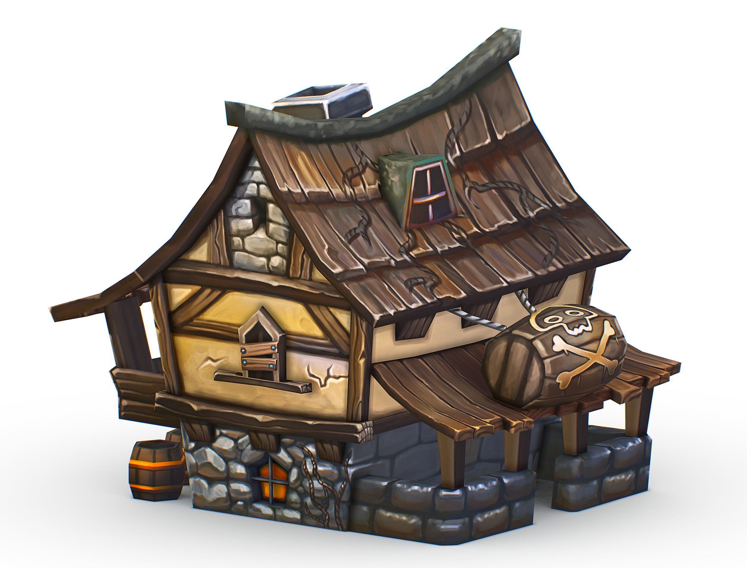 Cartoon Old Bandit Hotel Tovern House Building Low-poly 3D model_12