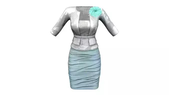 Ladies Belted Jacket Blazer And Horizontally Pleated Skirt Low-poly 3D model