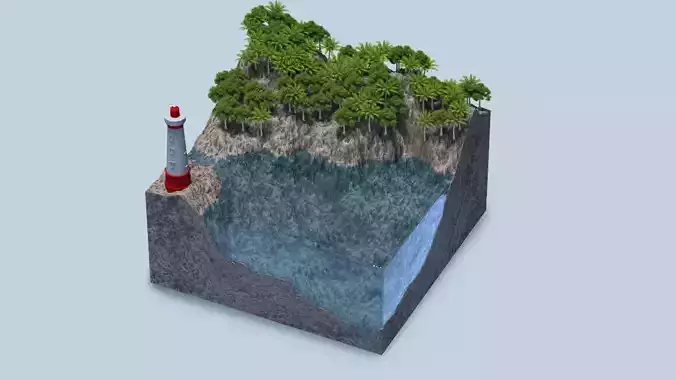 Sea Ocean Lighthouse tree scifi cube bay beach island C4D OC 3D model