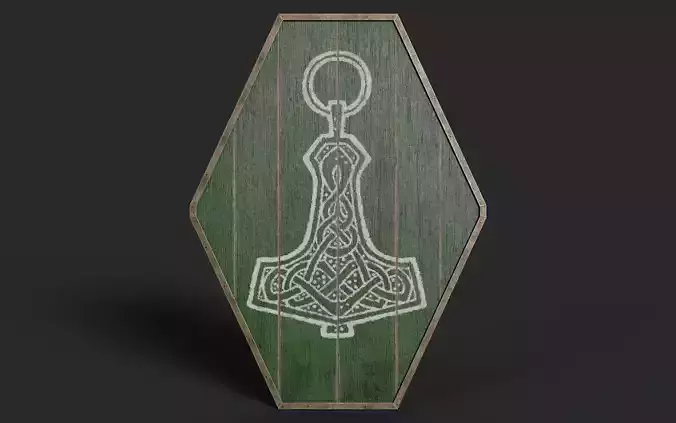 Slavic diamond-shaped shield painted green with Thor symbol Low-poly 3D model