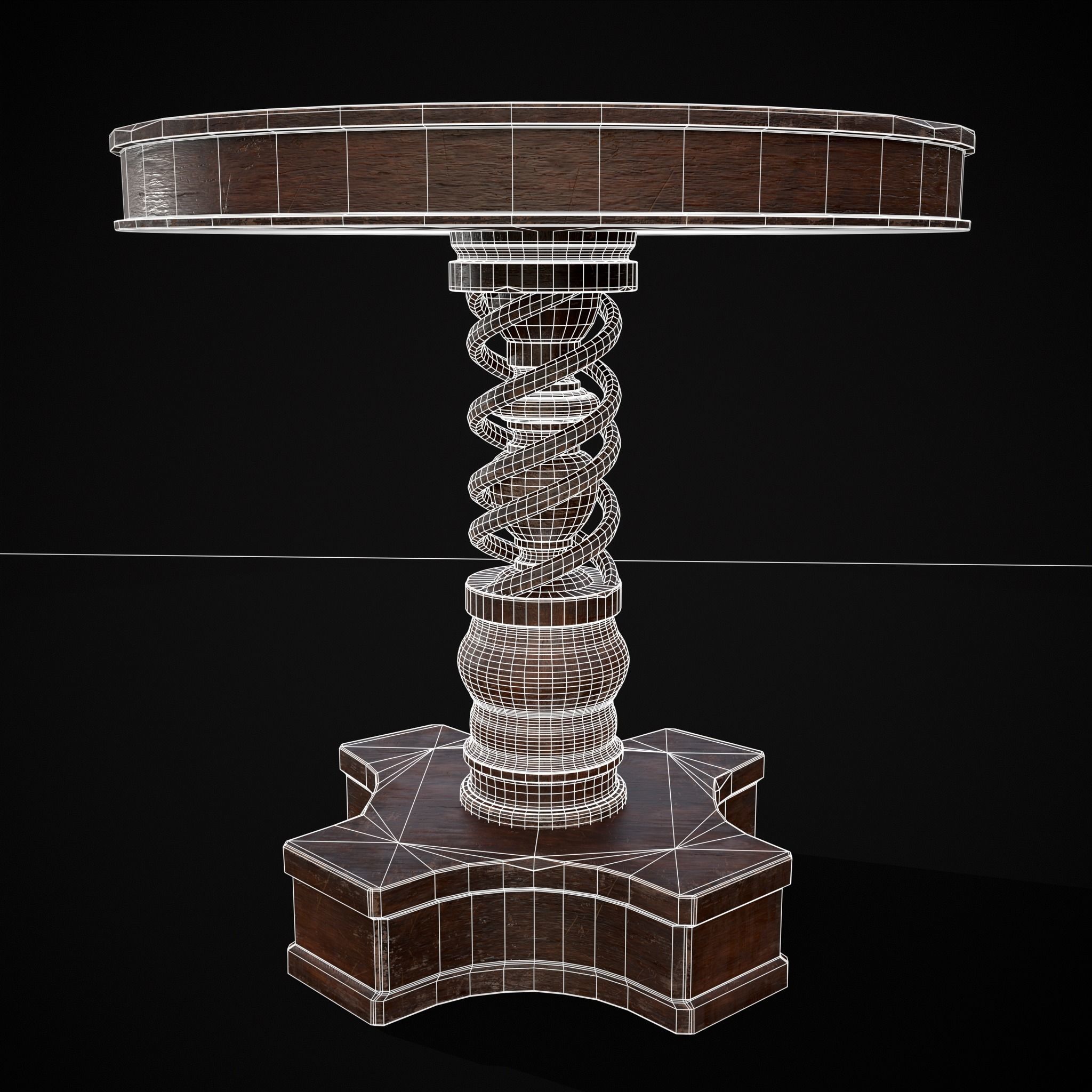 Medieval Antique Spiral Pedestal Round End Table Low-poly 3D model_12