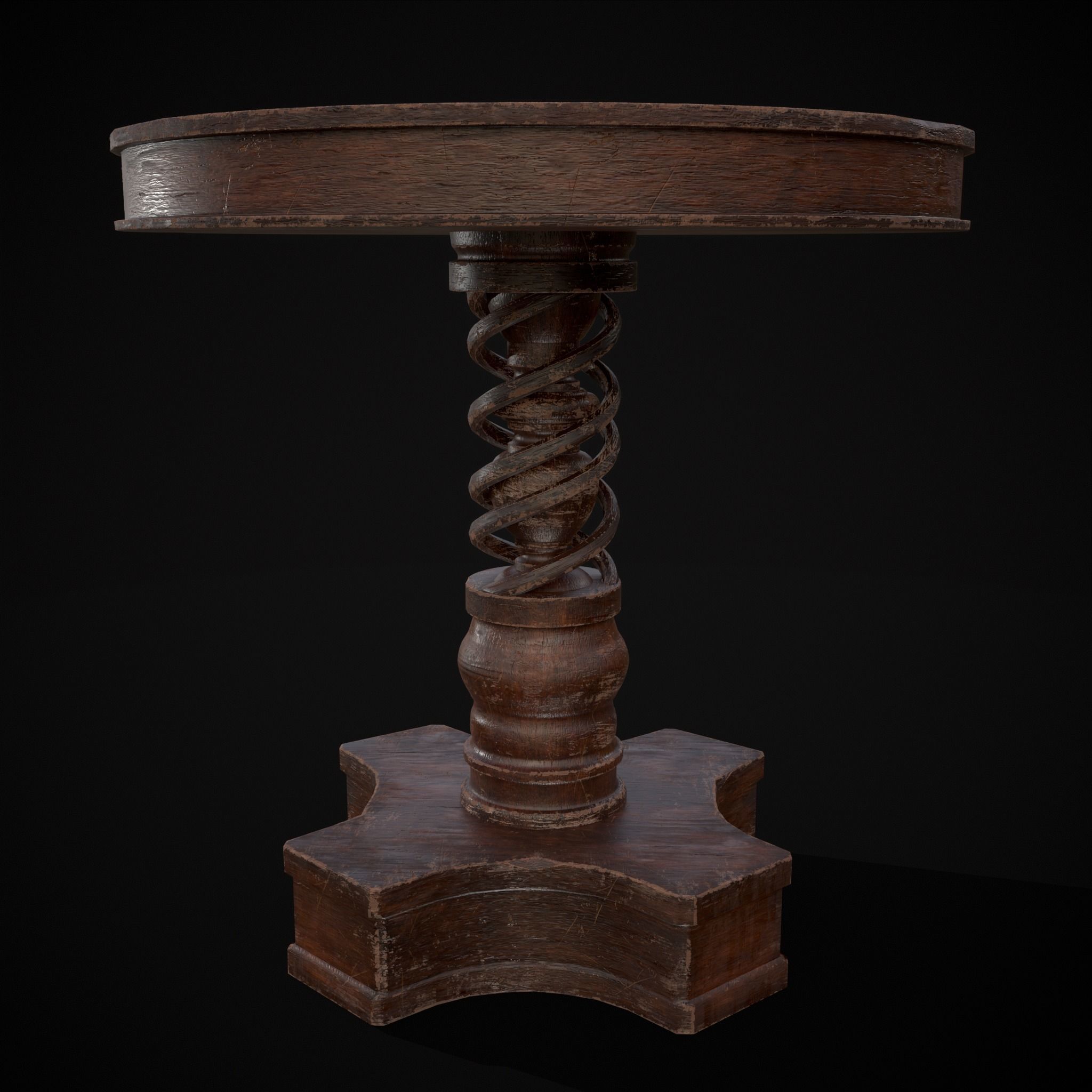 Medieval Antique Spiral Pedestal Round End Table Low-poly 3D model_11