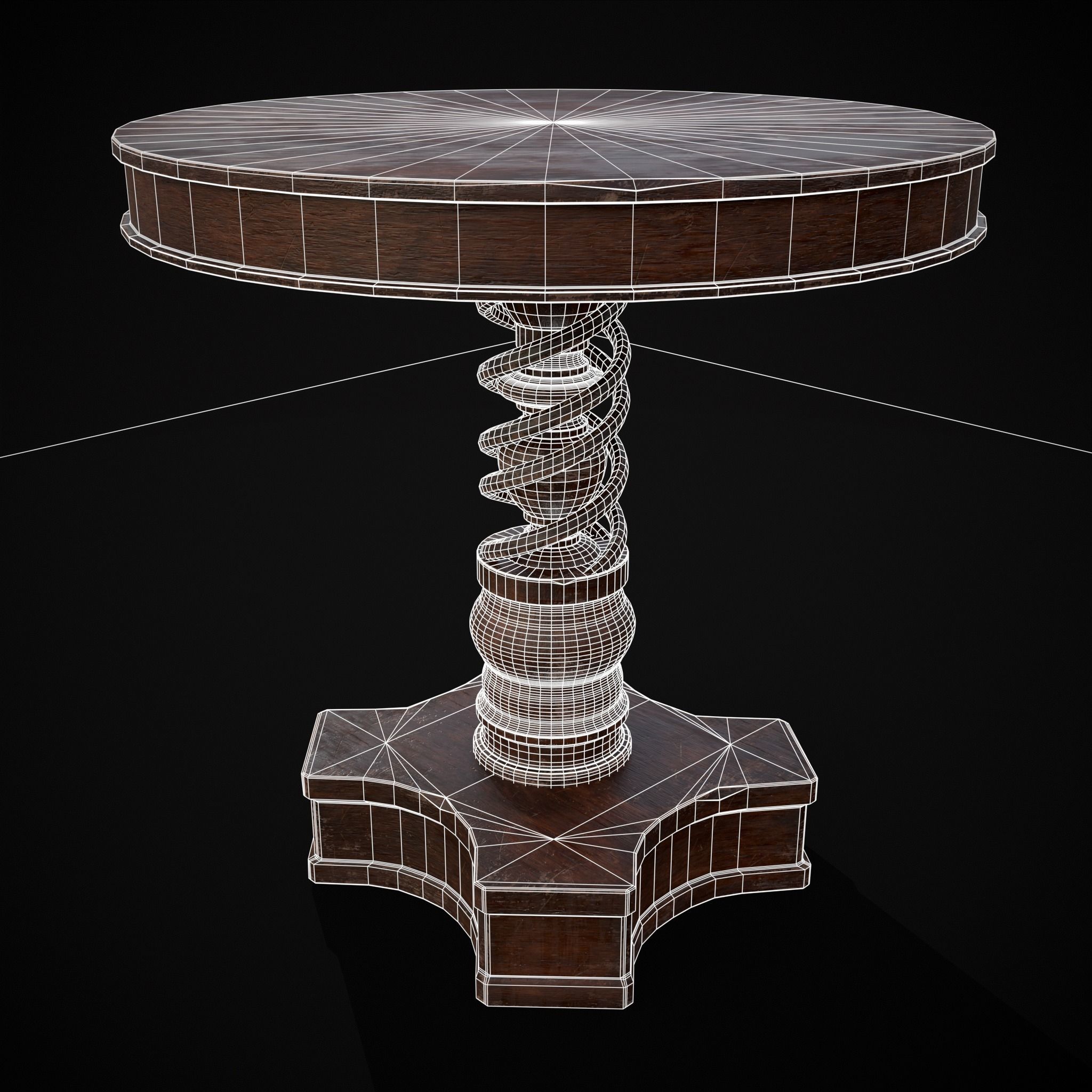Medieval Antique Spiral Pedestal Round End Table Low-poly 3D model_2