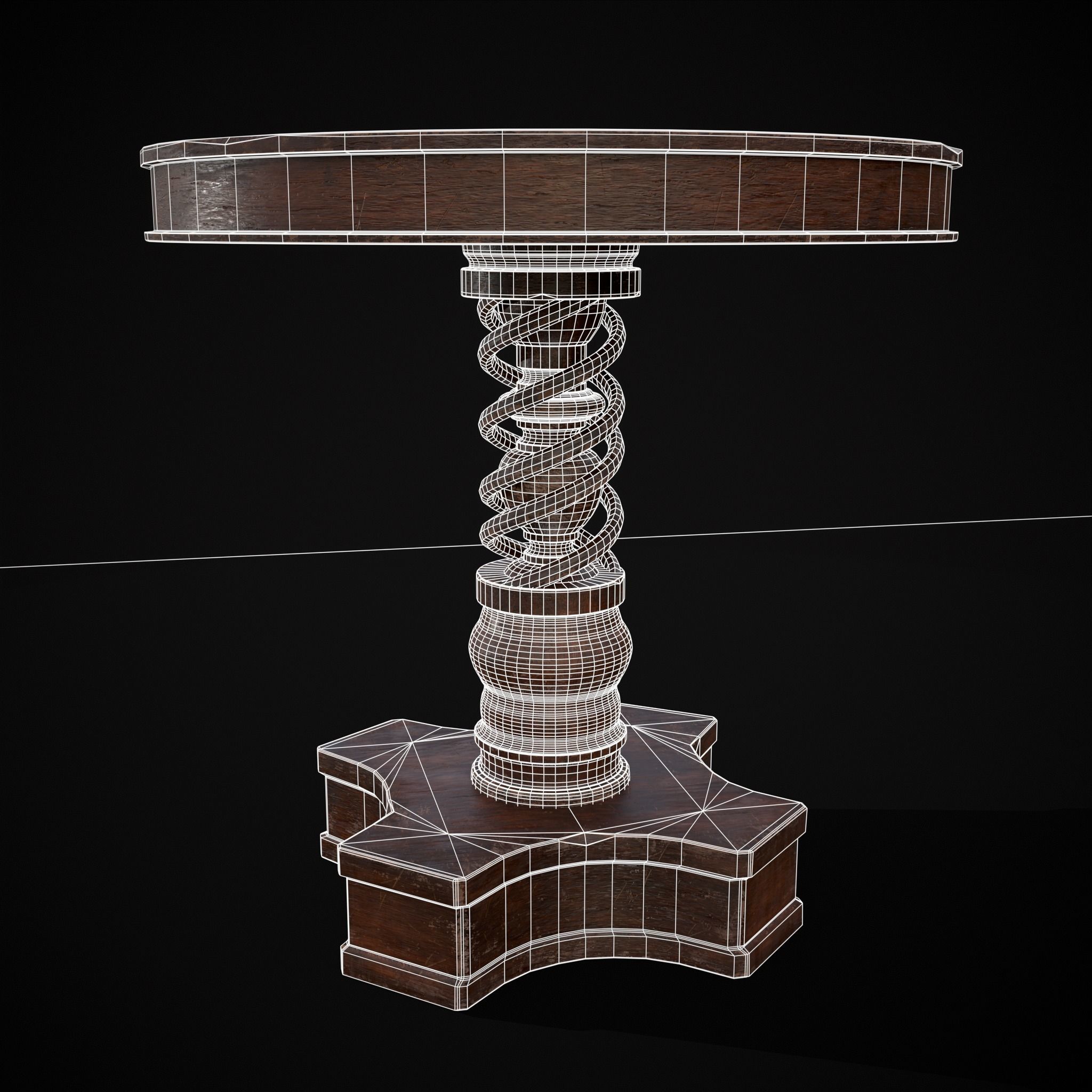 Medieval Antique Spiral Pedestal Round End Table Low-poly 3D model_20