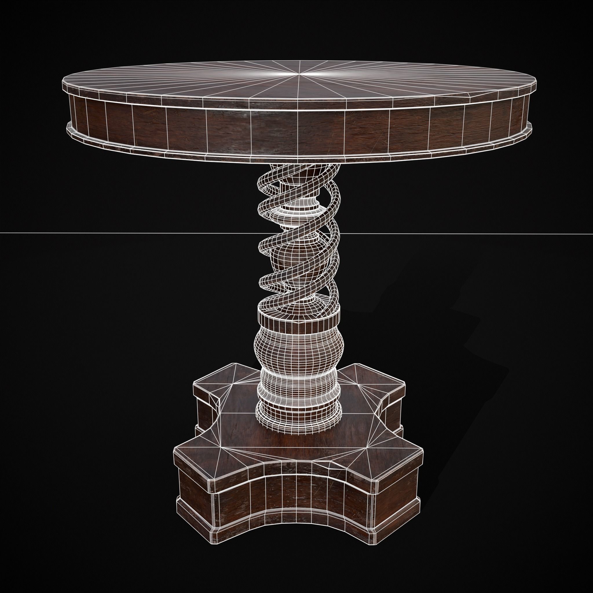Medieval Antique Spiral Pedestal Round End Table Low-poly 3D model_30