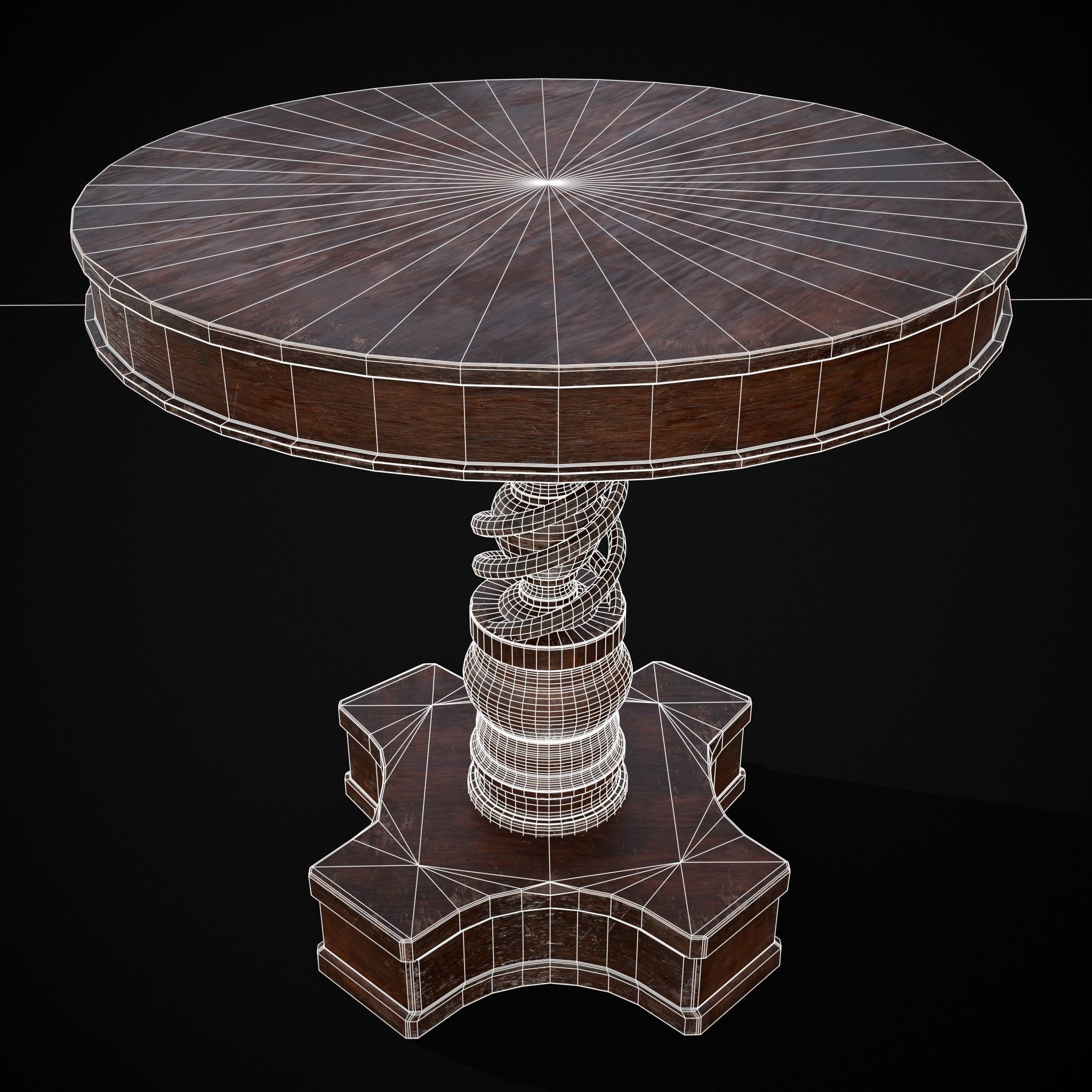 Medieval Antique Spiral Pedestal Round End Table Low-poly 3D model_14