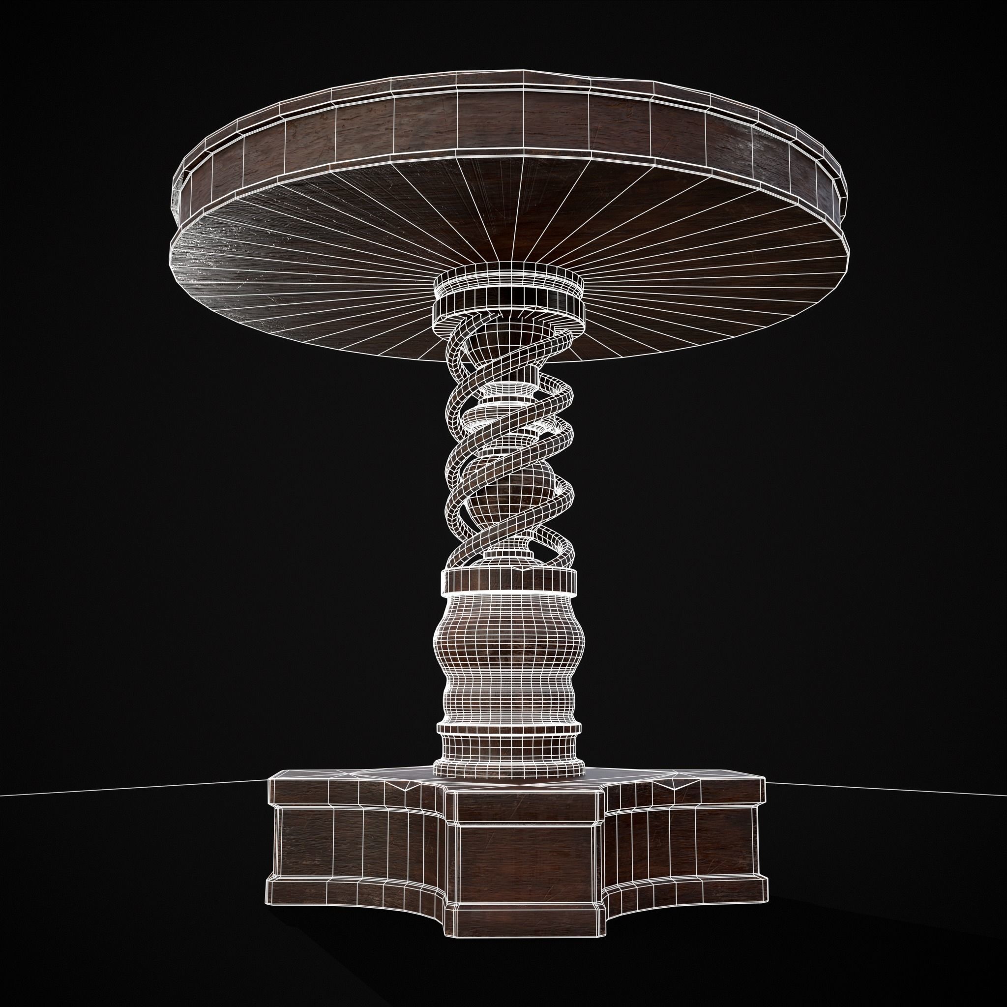 Medieval Antique Spiral Pedestal Round End Table Low-poly 3D model_4