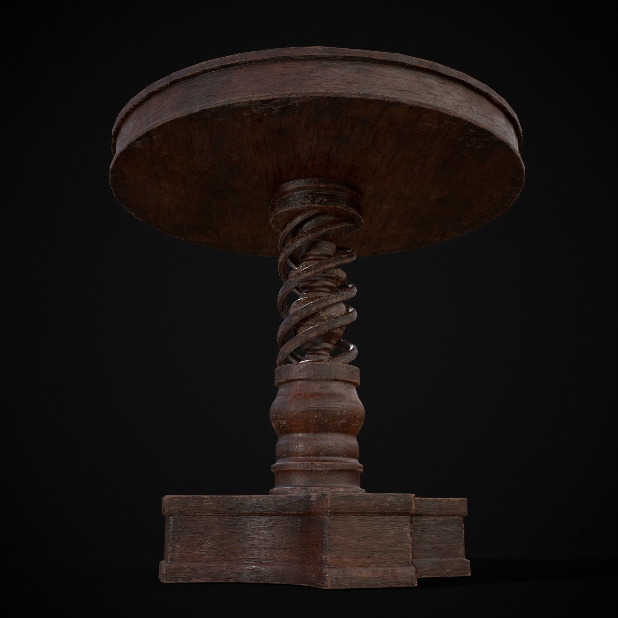 Medieval Antique Spiral Pedestal Round End Table Low-poly 3D model_21
