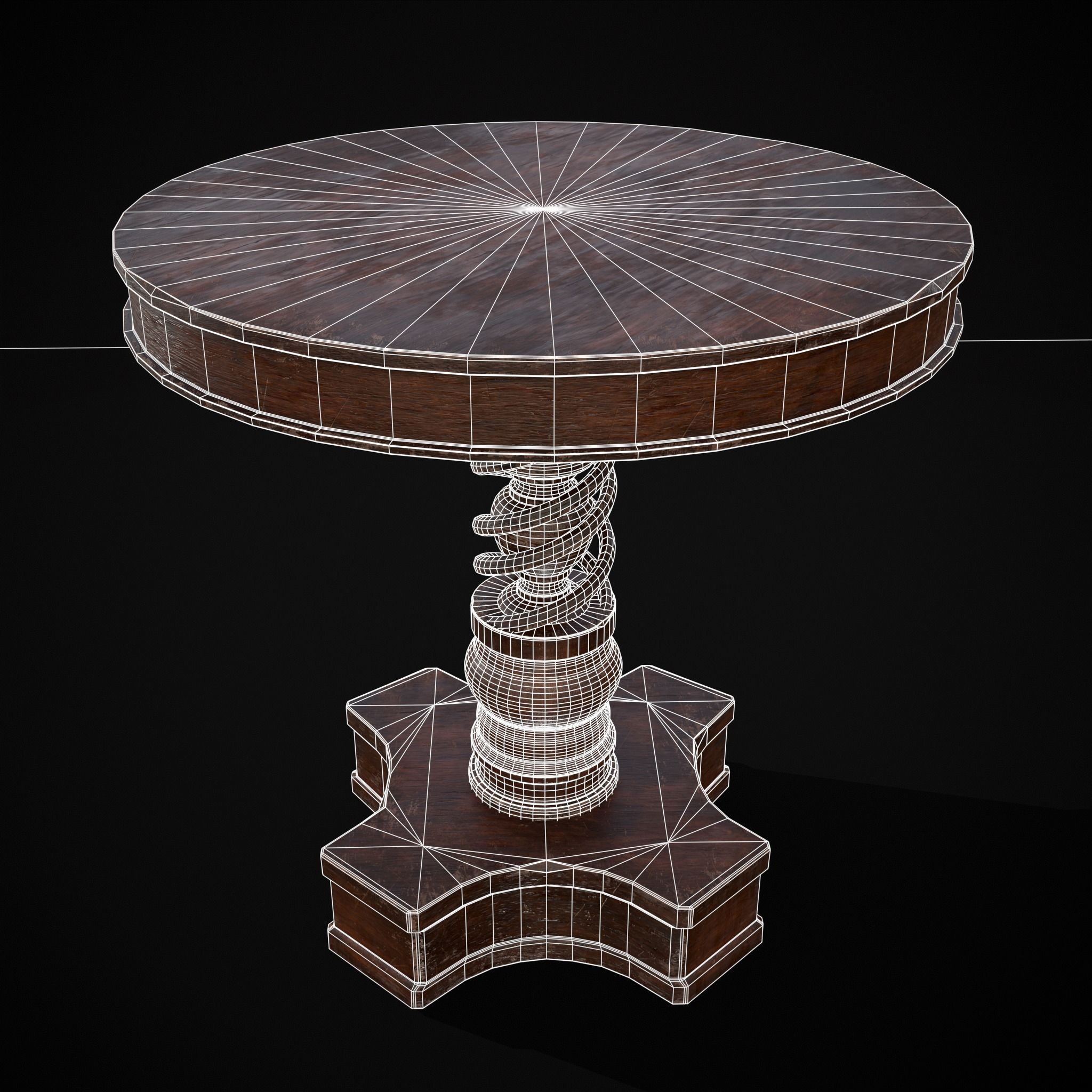 Medieval Antique Spiral Pedestal Round End Table Low-poly 3D model_24