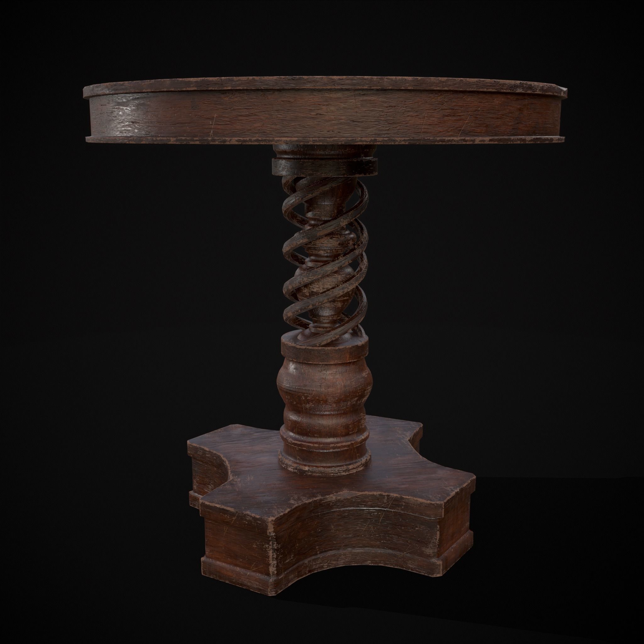 Medieval Antique Spiral Pedestal Round End Table Low-poly 3D model_19