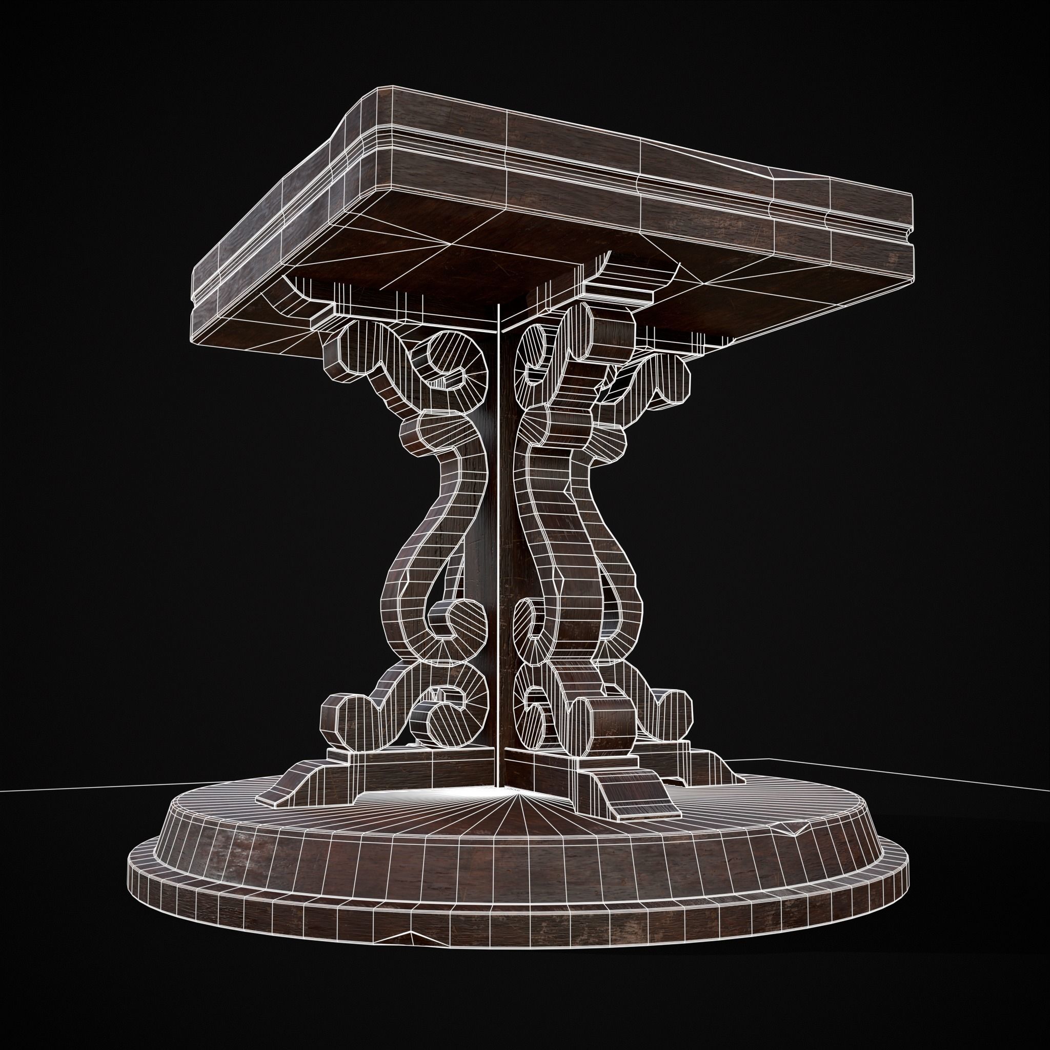 Medieval Mahogany Antique Square Table Low-poly 3D model_24