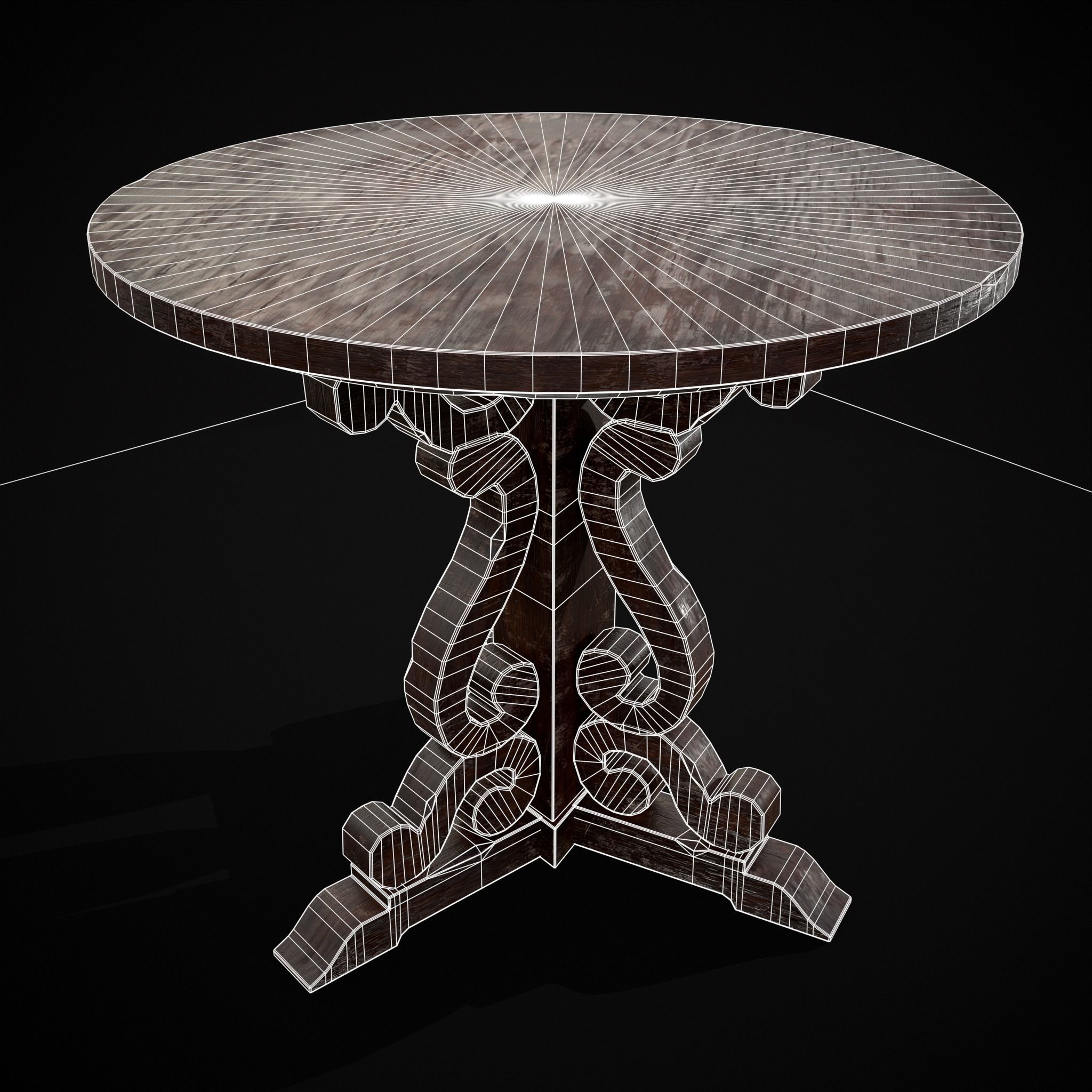 Medieval Mahogany Antique Three Legged Round Table Low-poly 3D model_26
