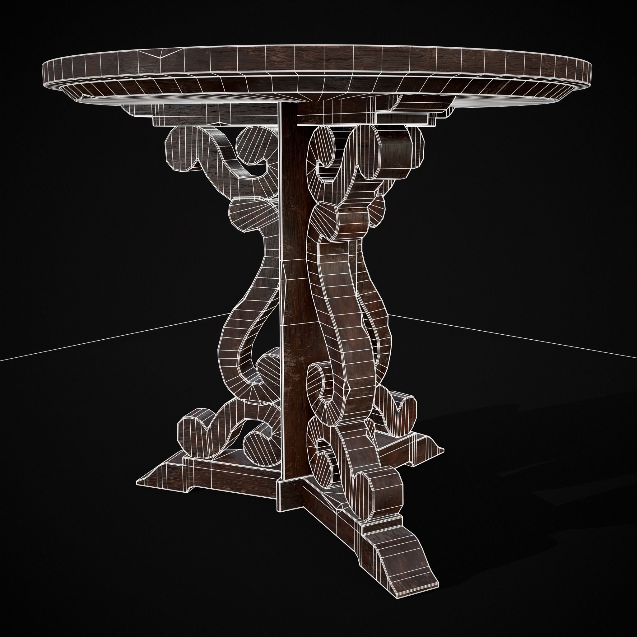 Medieval Mahogany Antique Three Legged Round Table Low-poly 3D model_16