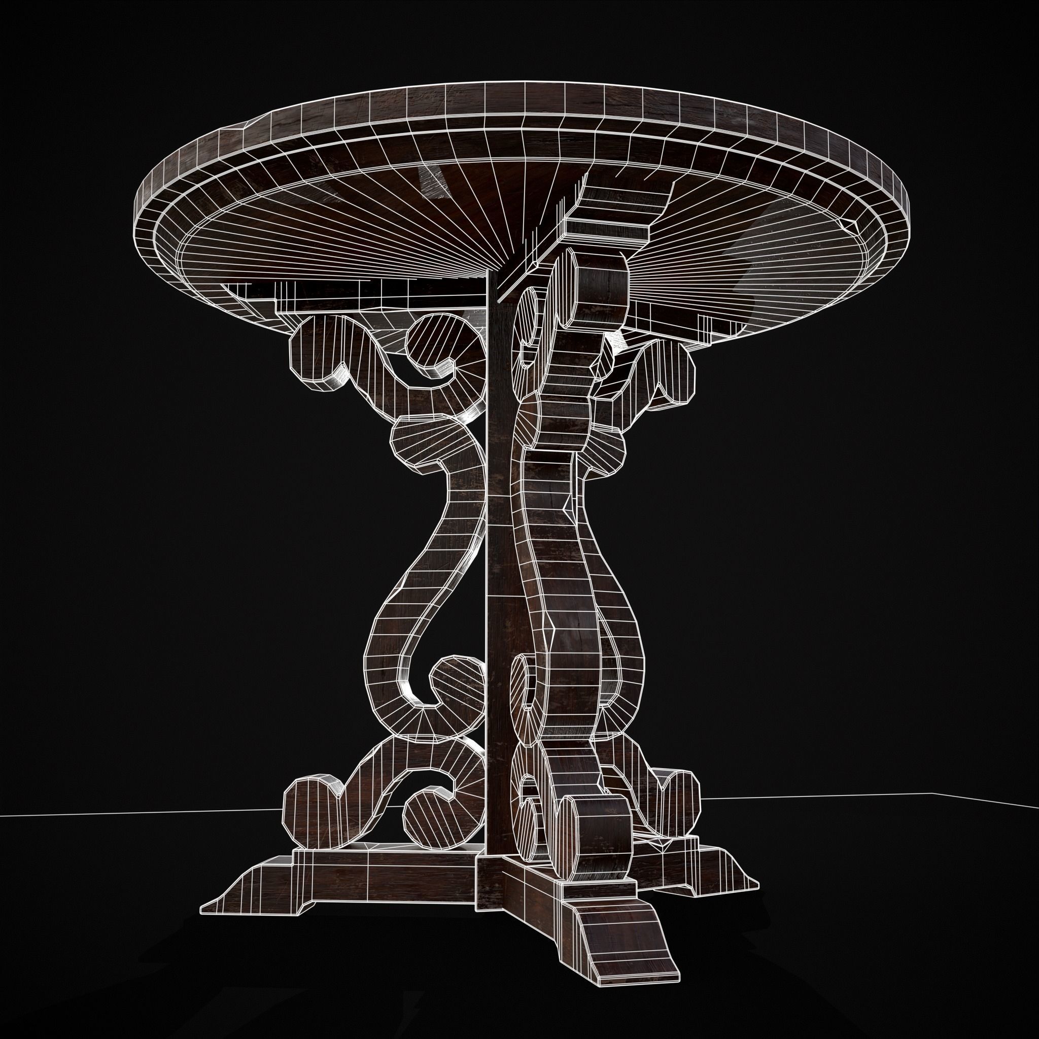 Medieval Mahogany Antique Three Legged Round Table Low-poly 3D model_10